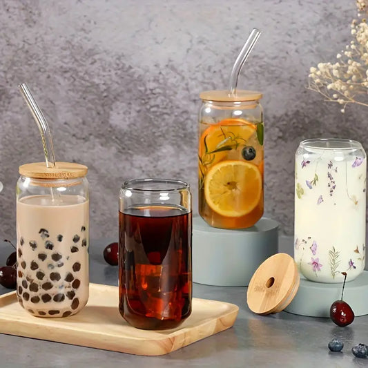 Glass Can Cup with Bamboo Lid & Straw