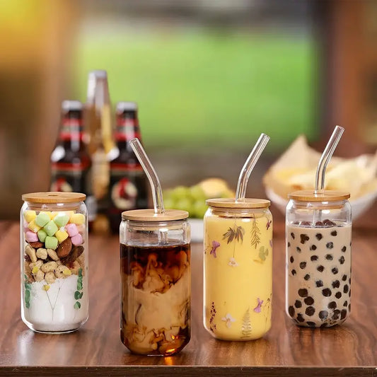 Glass Can Cup with Bamboo Lid & Straw